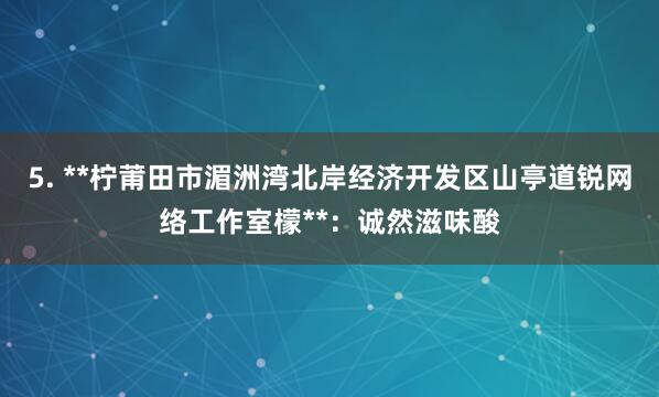 5. **柠莆田市湄洲湾北岸经济开发区山亭道锐网络工作室檬**：诚然滋味酸